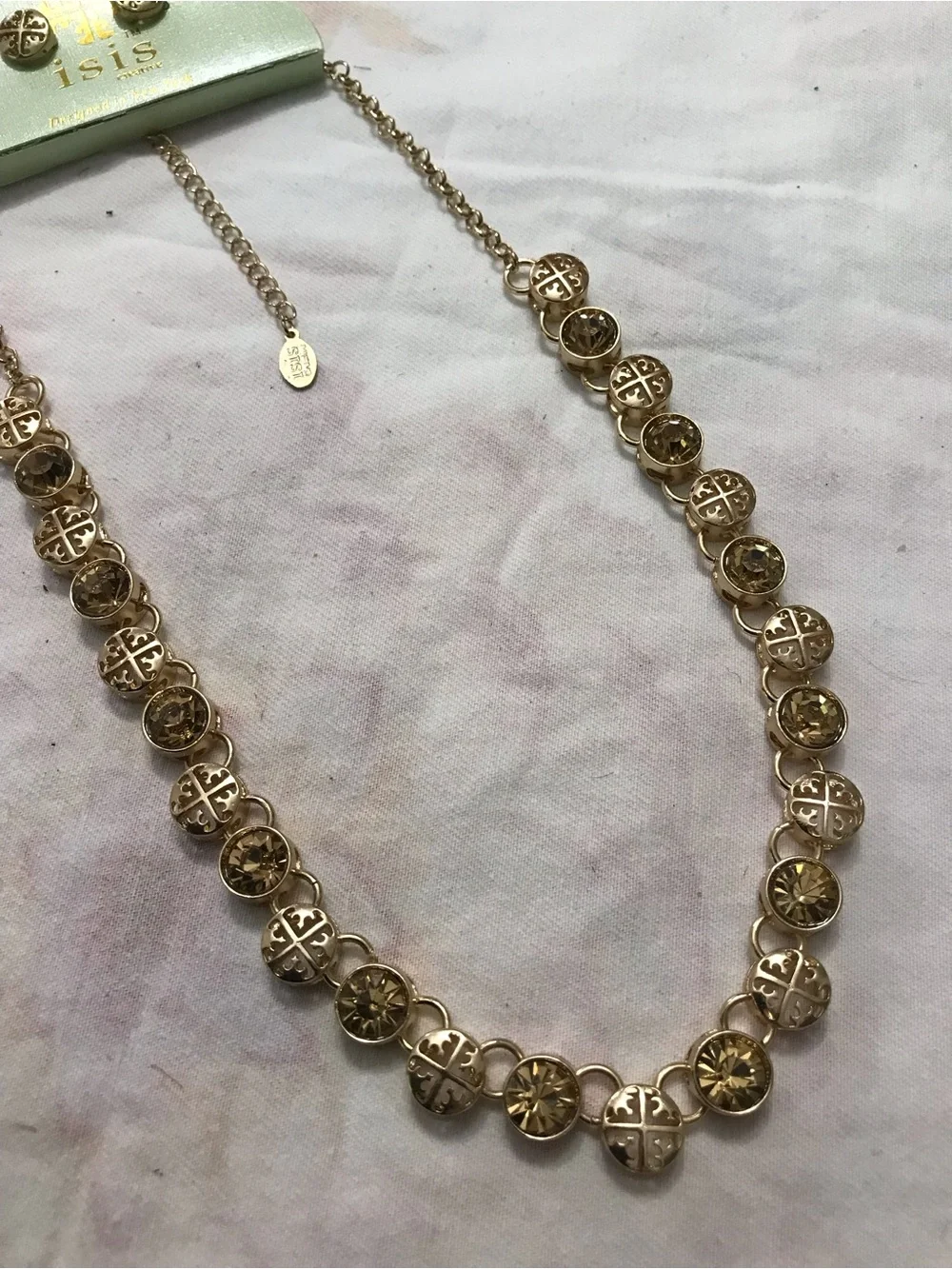 Isis Creative Gold Tone Brown Rhinestone Stud Earrings and Necklace Set 18”